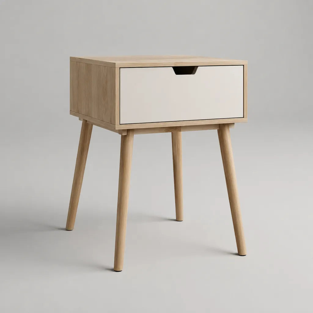 Comodino rettangolare con cassetto MDF e legno massello, rovere chiaro e bianco, 45 × 35 × 60 cm