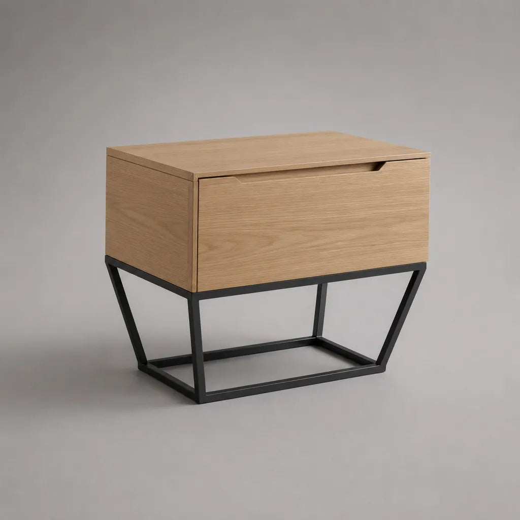 Comodino rettangolare con cassetto in legno e acciaio, rovere chiaro e nero, 50 × 40 × 50 cm