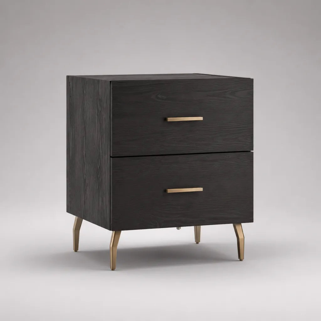 Comodino rettangolare in legno e metallo con 2 cassetti, legno nero e effetto oro, 50 × 40 × 60 cm