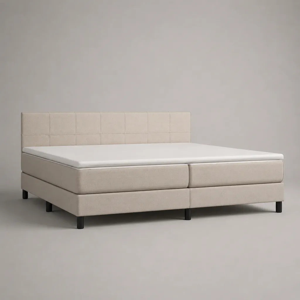 Letto matrimoniale in tessuto beige con testata, 2 materassi e materassi, letto 180 × 200 cm, dimensioni 190 × 210 × 110 cm