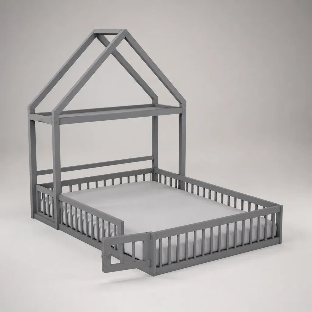 Letto per bambini a terra in legno grigio con cancelli e cancelli, letto 90 × 190 cm, dimensioni 196 × 96 × 170 cm