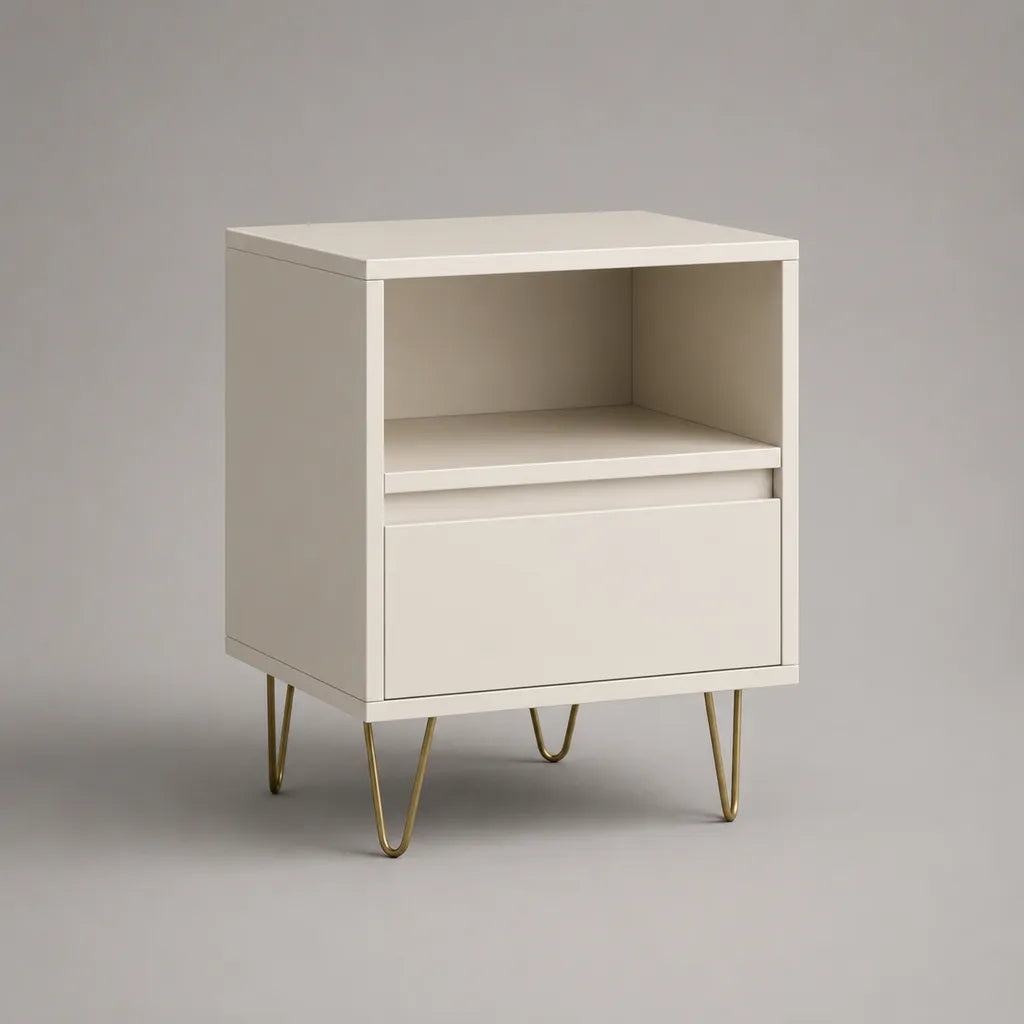 Comodino rettangolare con cassetto e nicchia, MDF verniciato e acciaio, avorio e oro, 45 × 35 × 60 cm