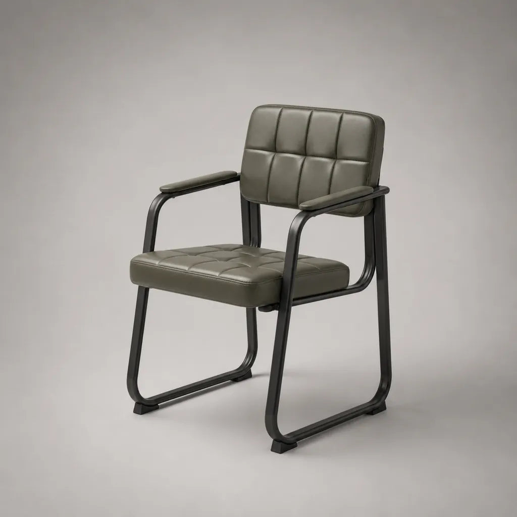 Sedia imbottita con braccioli in pelle e acciaio, olive e verde nero, 58 × 59 × 82 cm