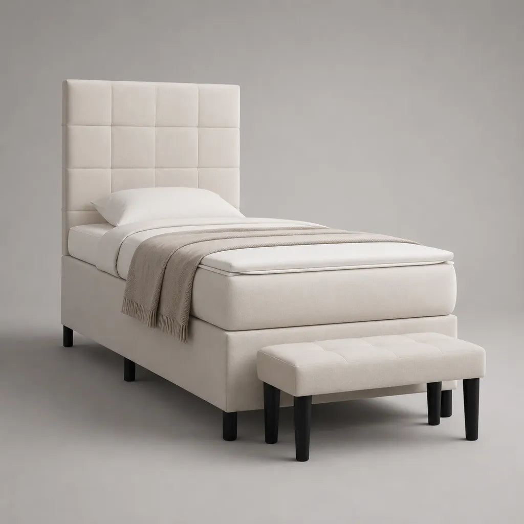 Letto singolo imbottito in tessuto beige 90 × 200 cm con testa da letto 140 cm e panchina 90 × 35 × 43 cm