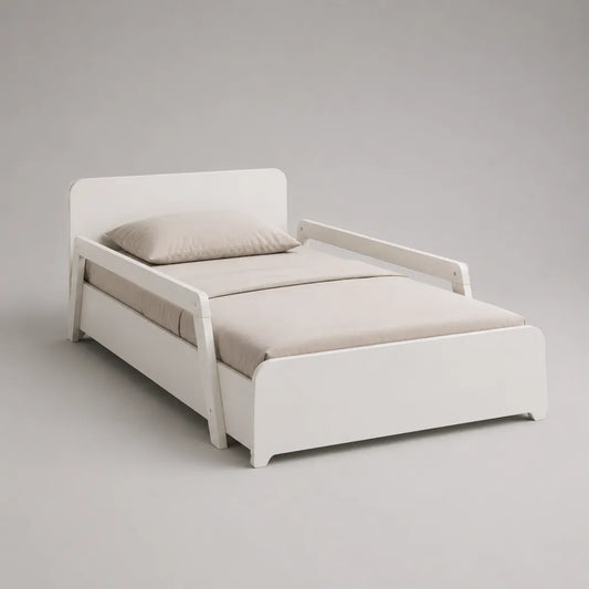 Letto allungabile in legno bianco con barriere laterali, letto da 90 × 140 a 200 cm