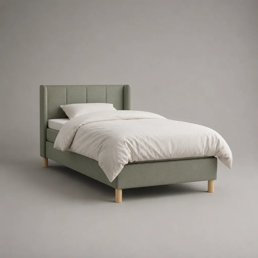 Letto singolo imbottito in tessuto con letto con latte, salvia verde e legno naturale, letto 90 × 200 cm, dimensioni 216 × 103 × 110 cm