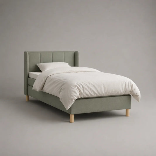 Letto singolo imbottito in tessuto con letto con latte, salvia verde e legno naturale, letto 90 × 200 cm, dimensioni 216 × 103 × 110 cm
