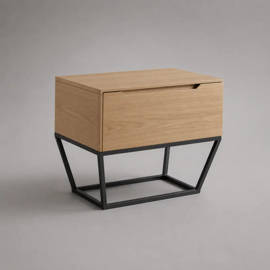 Comodino rettangolare con cassetto in legno e acciaio, rovere chiaro e nero, 50 × 40 × 50 cm