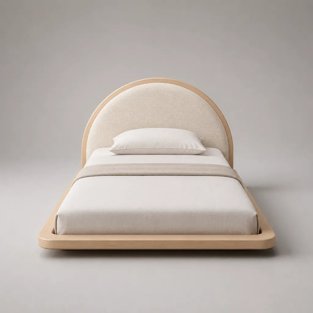 Letto singolo 90 × 200 cm in legno e tessuto ricci, testata arrotondata, legno naturale e beige