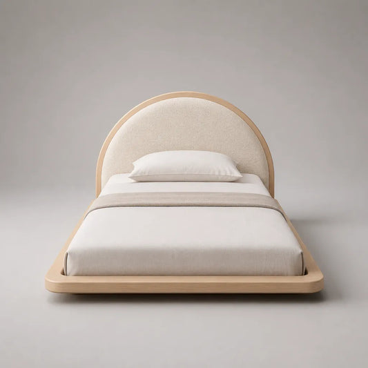 Letto singolo 90 × 200 cm in legno e tessuto ricci, testata arrotondata, legno naturale e beige