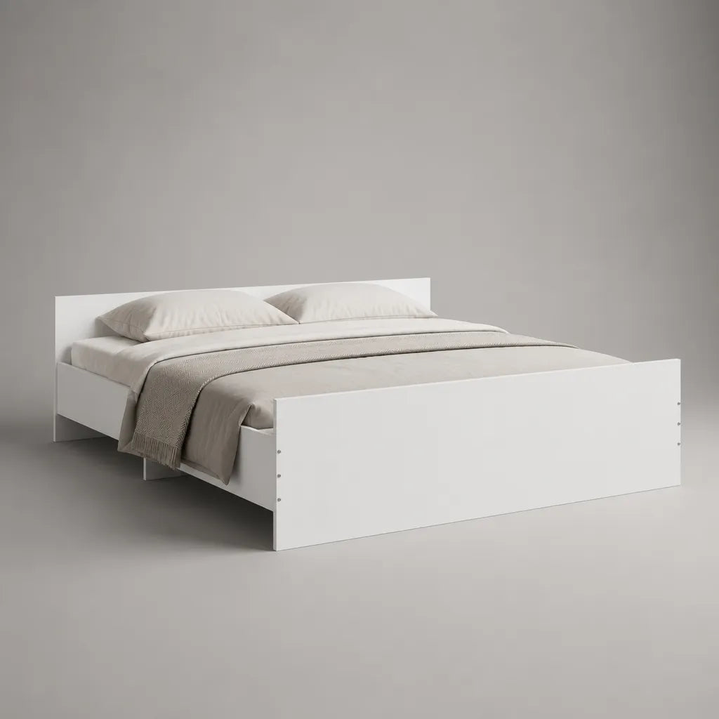 Telaio matrimoniale bianco in pannello di particelle melamine con letto con latte, letto 160 × 200 cm, dimensioni 207 × 166 × 80 cm