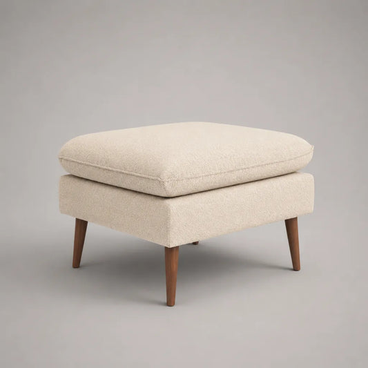 Poggiapiedi ottomano rettangolare in tessuto ricci ecru con piedi in legno, 70 × 55 × 47 cm