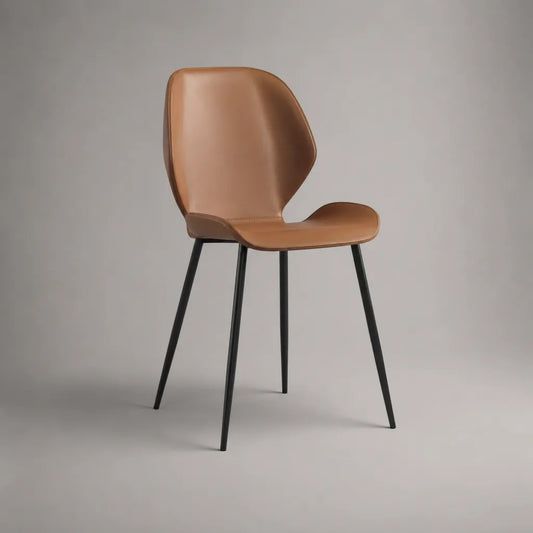 Sedia da pranzo in pelle marrone Cognac con piedi in acciaio nero, 49 × 55 × 84 cm