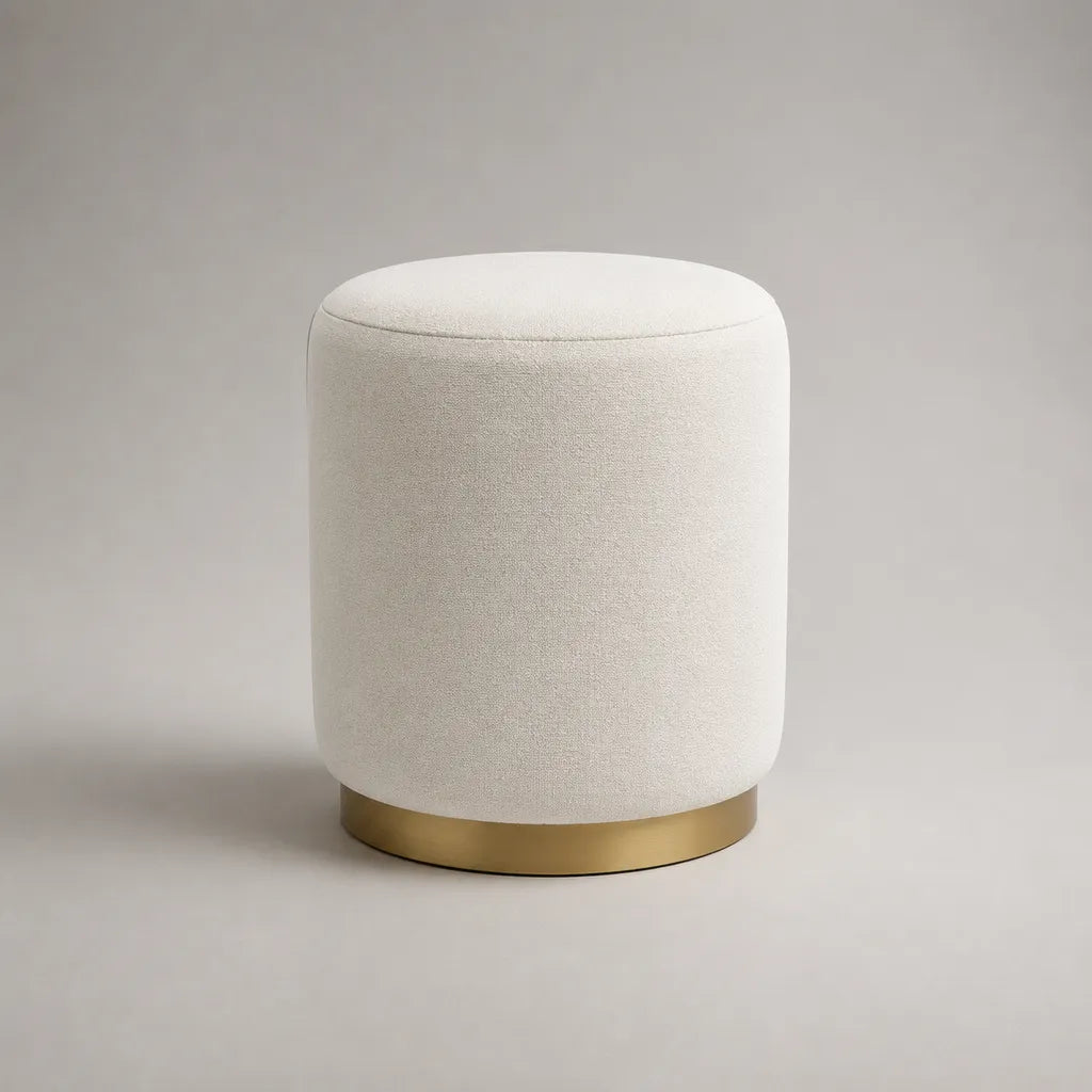 Pouf rotondo per poggiapiedi in tessuto crema con base in metallo dorato, 40 × 45 cm