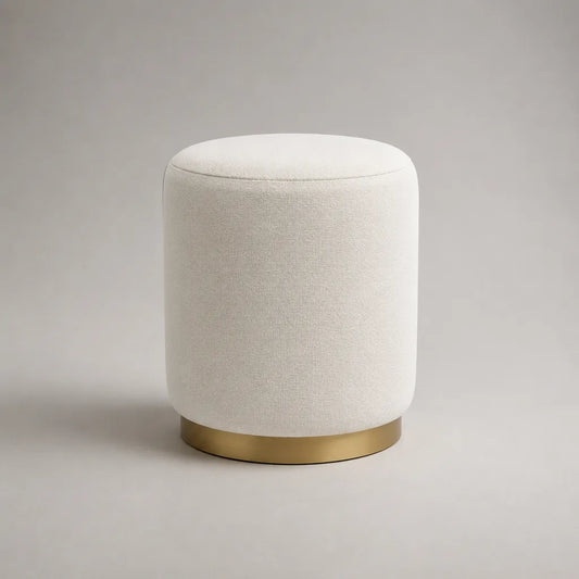 Pouf rotondo per poggiapiedi in tessuto crema con base in metallo dorato, 40 × 45 cm