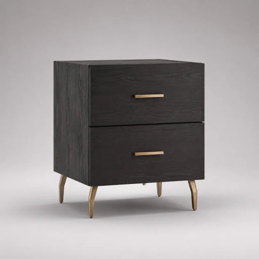 Comodino rettangolare in legno e metallo con 2 cassetti, legno nero e effetto oro, 50 × 40 × 60 cm