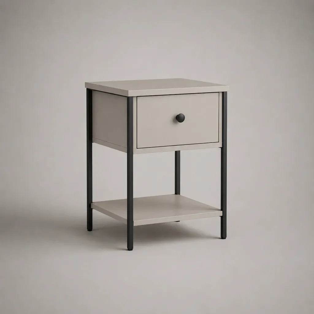 Comodino rettangolare in melamina MDF e acciaio con cassetto e ripiano, beige e nero, 40 × 35 × 60 cm