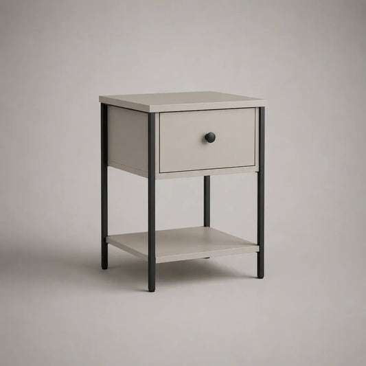 Comodino rettangolare in melamina MDF e acciaio con cassetto e ripiano, beige e nero, 40 × 35 × 60 cm