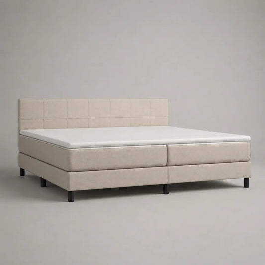 Letto matrimoniale in tessuto beige con testata, 2 materassi e materassi, letto 180 × 200 cm, dimensioni 190 × 210 × 110 cm