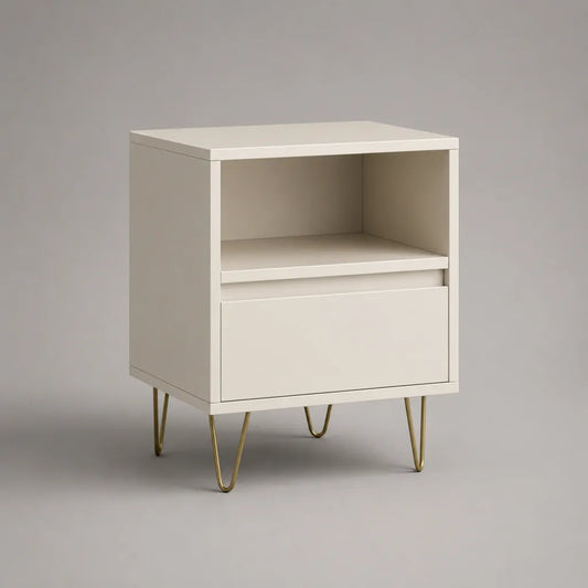 Comodino rettangolare con cassetto e nicchia, MDF verniciato e acciaio, avorio e oro, 45 × 35 × 60 cm