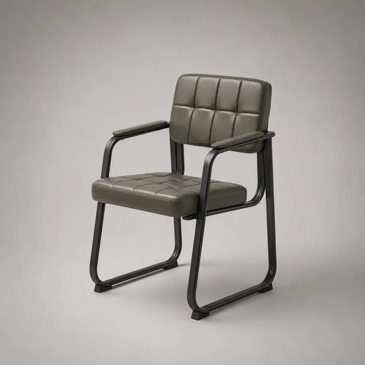 Sedia imbottita con braccioli in pelle e acciaio, olive e verde nero, 58 × 59 × 82 cm