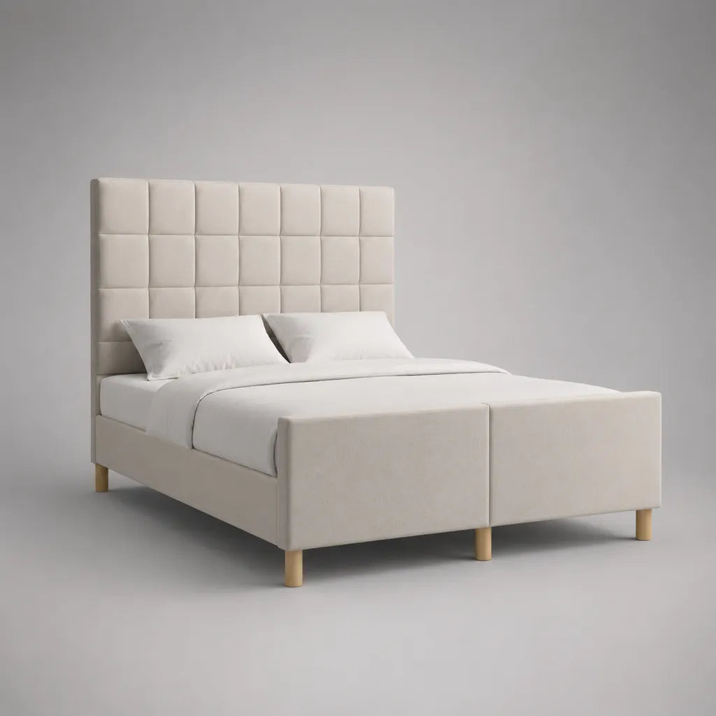 Letto matrimoniale imbottito 160 × 200 cm in poliestere beige con testata rettangolare, 215 × 172 × 150 cm