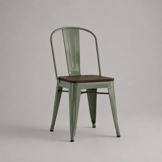 Sedia in acciaio e legno di terra masseggiata, verde salvia e marrone scuro, 44 × 51 × 85 cm