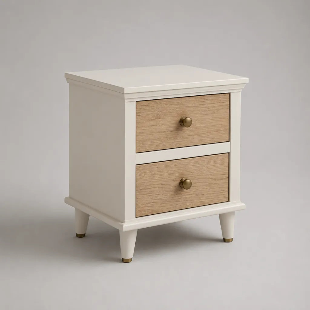 Comodino rettangolare con 2 cassetti in rovere MDF, rovere bianco e naturale, 45 × 35 × 60 cm