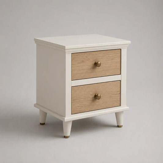 Comodino rettangolare con 2 cassetti in rovere MDF, rovere bianco e naturale, 45 × 35 × 60 cm