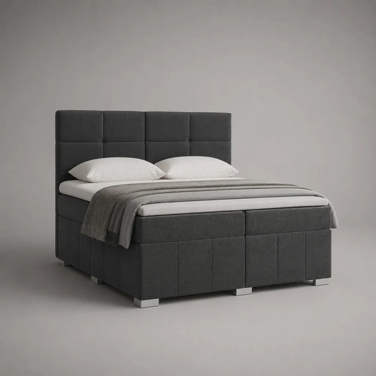 Letto matrimoniale imbottito in tessuto grigio antracite, letto 160 × 200 cm, dimensioni 170 × 215 × 120 cm